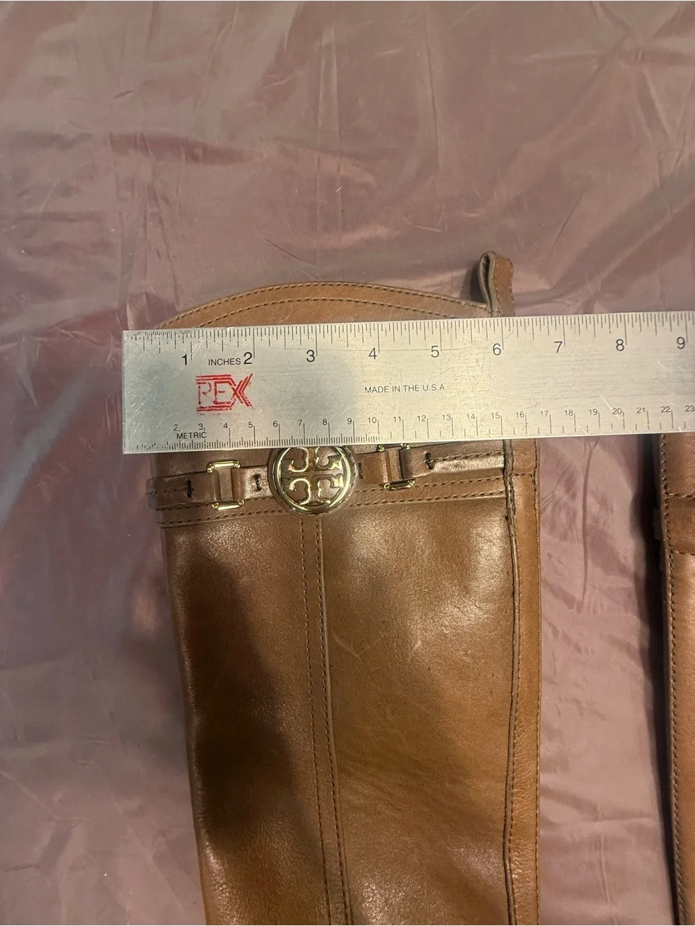 Tory Burch Calista Taupe Gold Leather Logo Belt Knee Riding Boots Size 6 $495